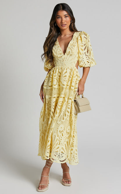 Women Clothing Hollow Out Cutout out Dress Summer V neck Lace Embroidery Sexy Waist Baring Dress