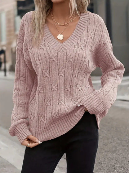 Women Clothing Autumn Winter V neck Sweater Women Twist Thread Solid Color Sweater Loose Top