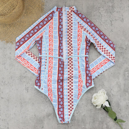 Striped Printed Long Sleeve Zipper Briefs Surfing Set One Piece Swimsuit Women