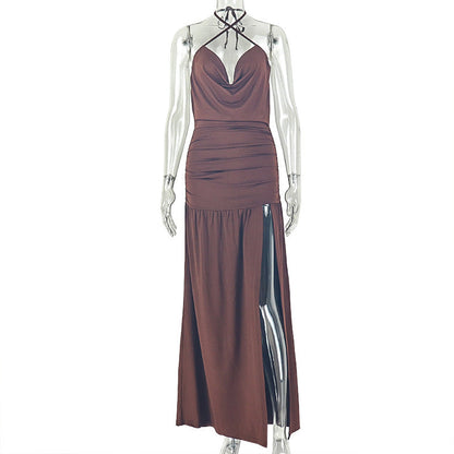 Women Clothing Solid Color Split Asymmetric Wrapped Chest Deep V Plunge neck Sexy Halter Dress
