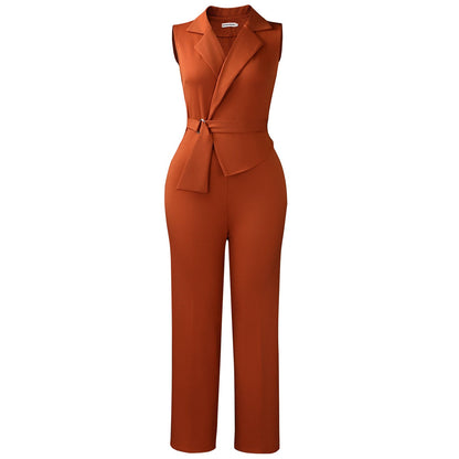 Summer Solid Color Sleeveless Collar Lace up Wide Leg Pants Jumpsuit