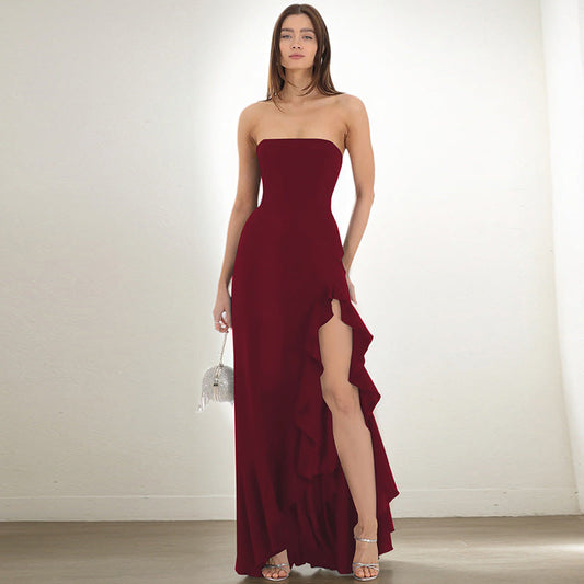 Women Clothing Summer Solid Color Sexy Split Maxi Dress Tube Top Dress Women