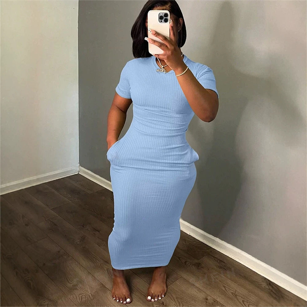 Solid Color round Neck Tight Mid Length Dress Rib Knitted Short Sleeve Slim Dress