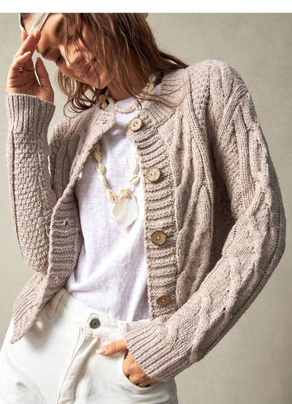 Twist Knitted Cardigan Women round Neck Slim Fit Cropped Sweater Coat Green Autumn Winter