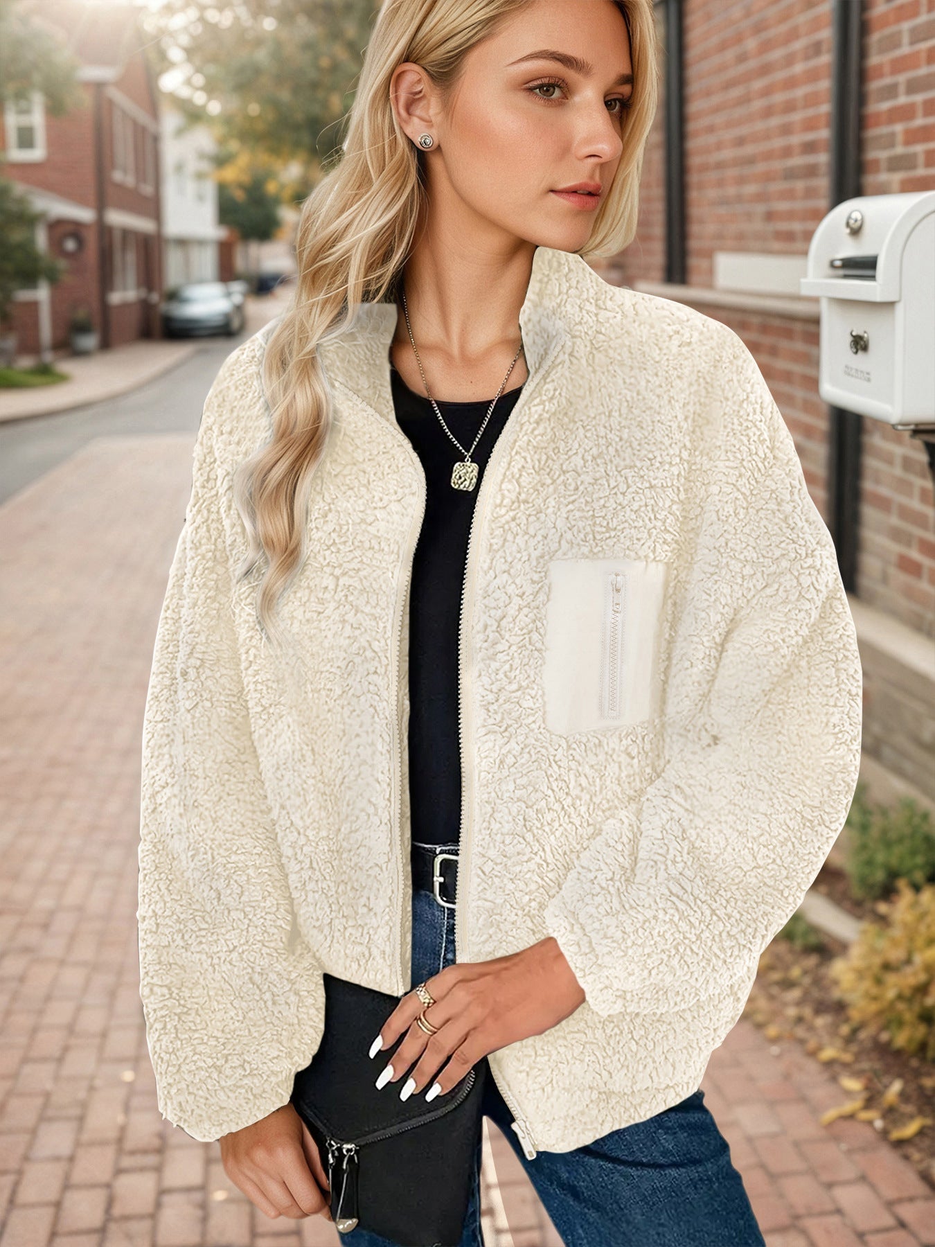 Loose Berber Fleece Coat Stand Collar Zipper Cargo Pocket Thick Thermal Fleece Top
