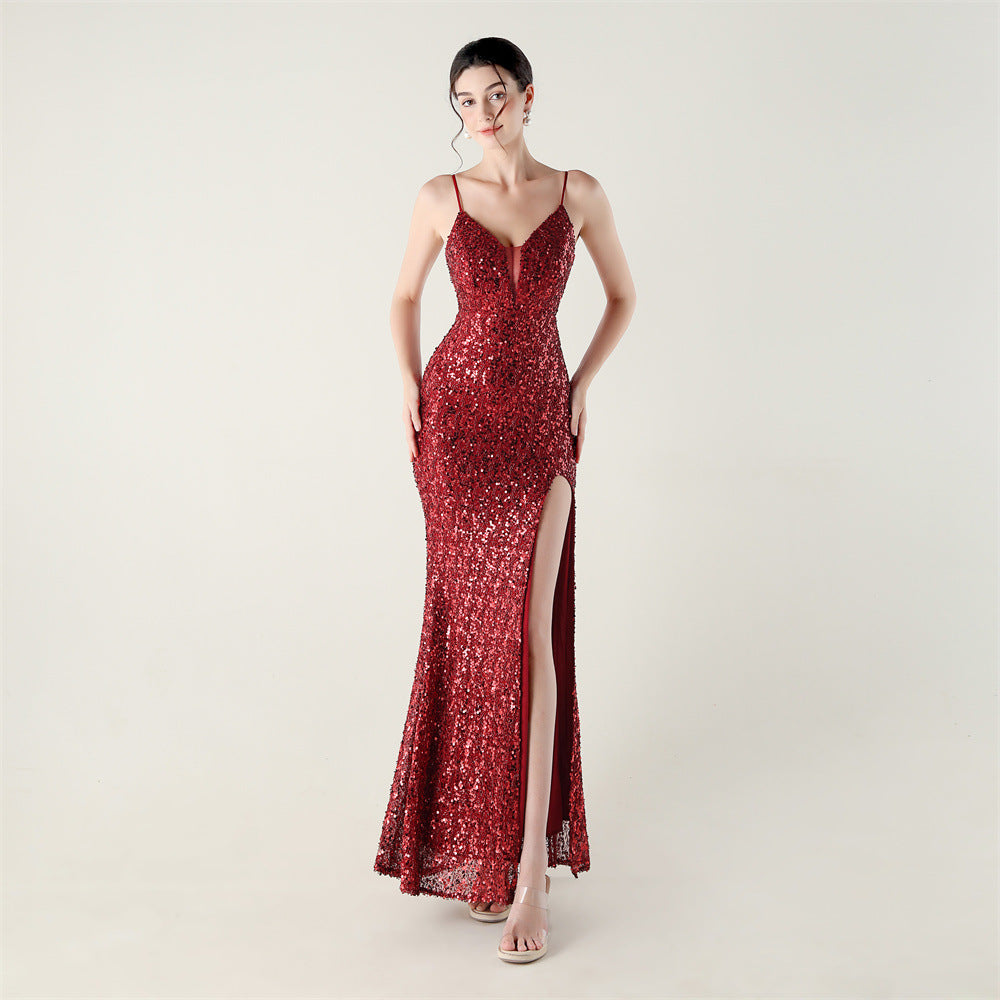 Bead Tube Sequin Spaghetti Strap High Slit Evening Dress Cross Tied Slim Fit Slimming Dinner Social Women