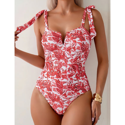 Bikini Siamese Conservative Swimsuit Digital Printed Belly Covered Slimming V Neckline Swimsuit
