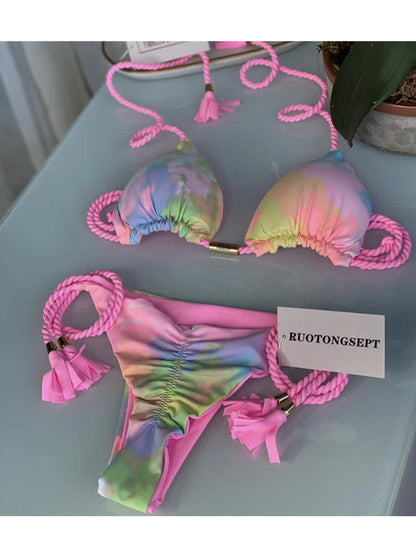Hand Knitted Rope Swimsuit Sexy Bikini Women Split Solid Color Sexy Multicolor Braided Rope Bikini