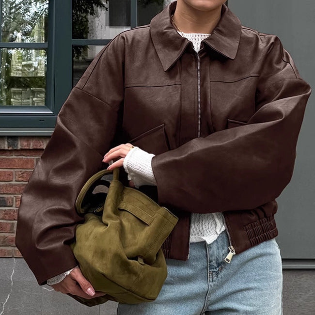 Women Clothing Spring Autumn Coat Bomber Jacket Retro Old Money Leather Jacket