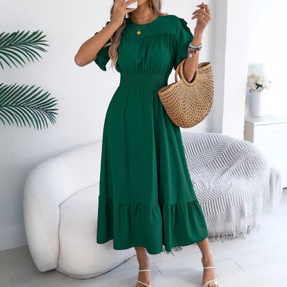 Spring Summer Casual Stringy Selvedge Short Sleeve Smocking Waist Controlled Large Hem Maxi Dress Women Clothing