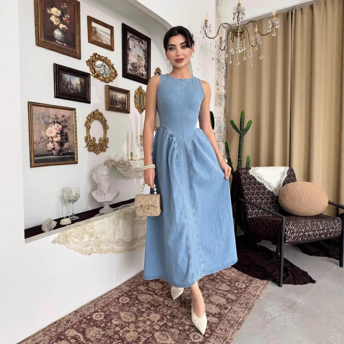 Summer Women Clothing Elegant Slimming Sleeveless Backless Denim Dress