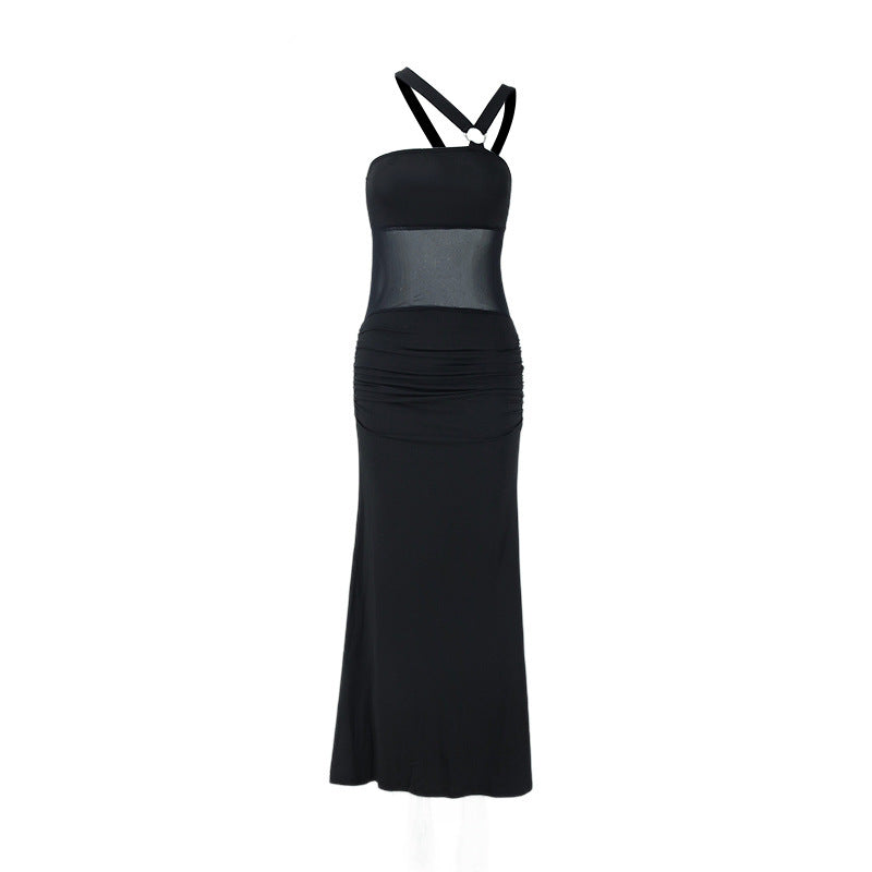 Women Clothing Summer Irregular Asymmetric Shoulder Wrapped Chest Slim Mesh Stitched Backless Niche Dress