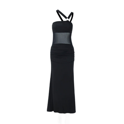 Women Clothing Summer Irregular Asymmetric Shoulder Wrapped Chest Slim Mesh Stitched Backless Niche Dress
