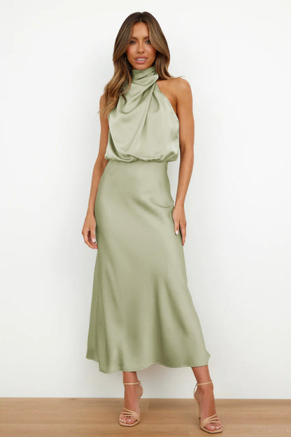 Satin Sleeveless Halterneck Summer Dress Elegant Vacation Solid Color Dress for Women