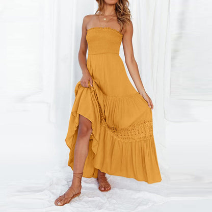 Solid Color Tube Top Hem Long Sleeveless Retro Bohemian Waist Tight Dress