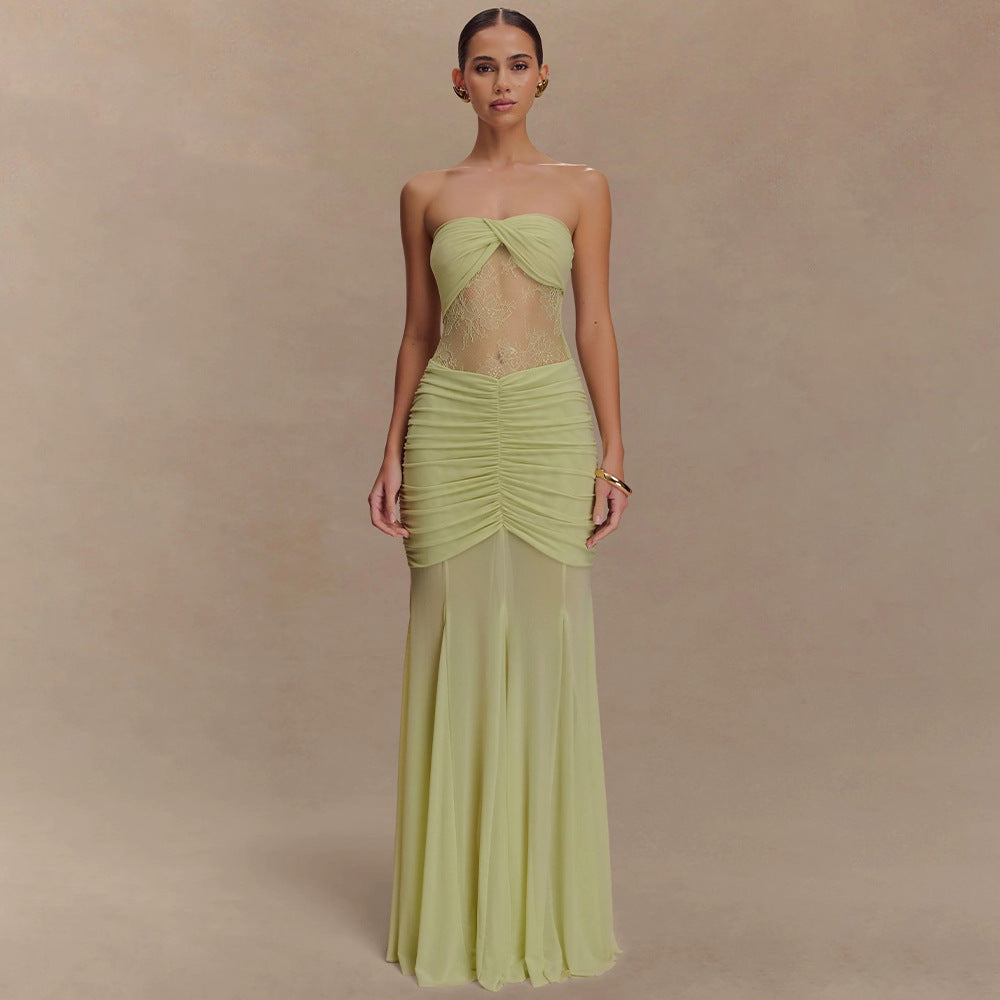 Summer Sleeveless Tube Top Dress Sexy Pleated Hollow Out Cutout Slim Dress for Women
