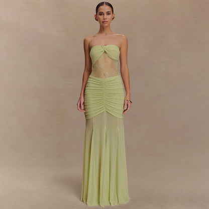 Summer Sleeveless Tube Top Dress Sexy Pleated Hollow Out Cutout Slim Dress for Women