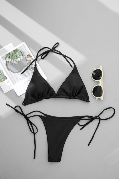 Sexy Sling Halter Bikini Women High Waist Strap Solid Color Split Swimsuit Bikini