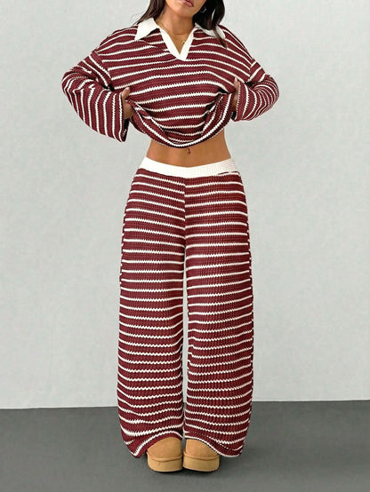 Striped Knitted Contrast Color Lapels V neck Long Sleeved Top Casual Two Piece Sets