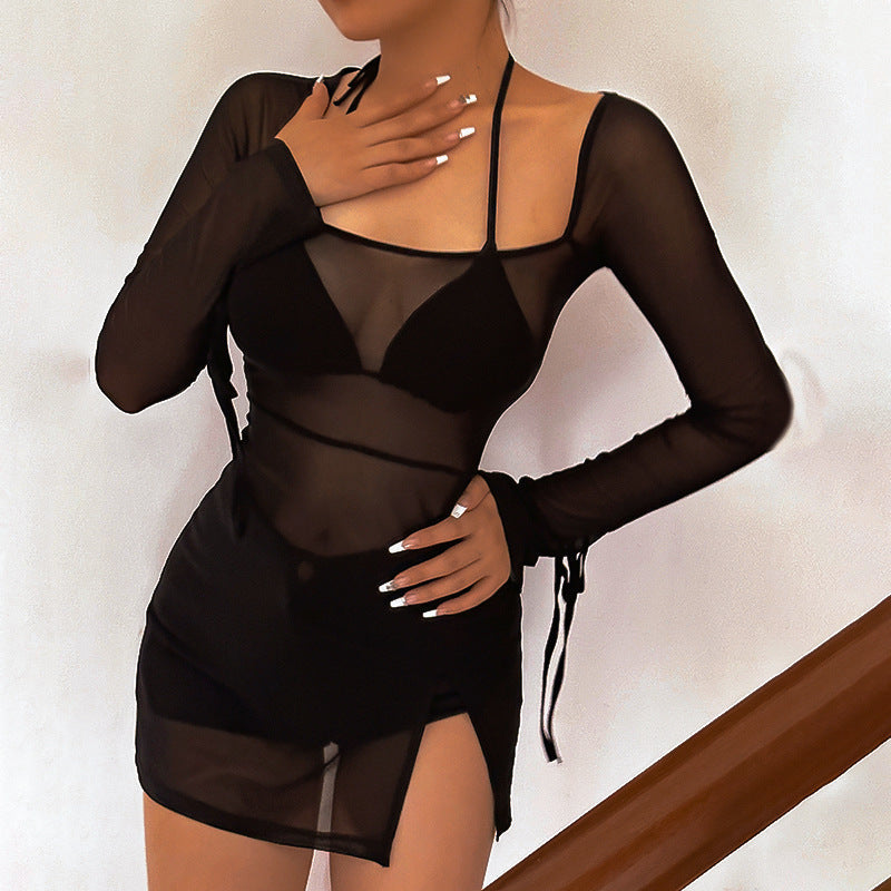 Summer Women Clothing Refreshing Slim Fit Square Collar Sexy Mesh See through Beach Cover Up Slim Fit Sexy