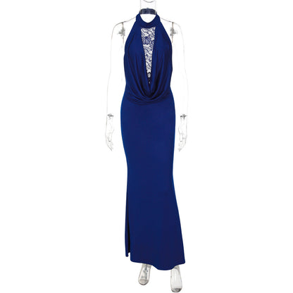 French Women Clothing Winter Lace Stitching Sexy Hollow Out Cutout Backless Split Halter Dress