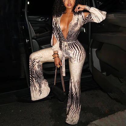 Sexy Deep V Plunge off-Shoulder Top High Waist Bootcut Pants Jumpsuit