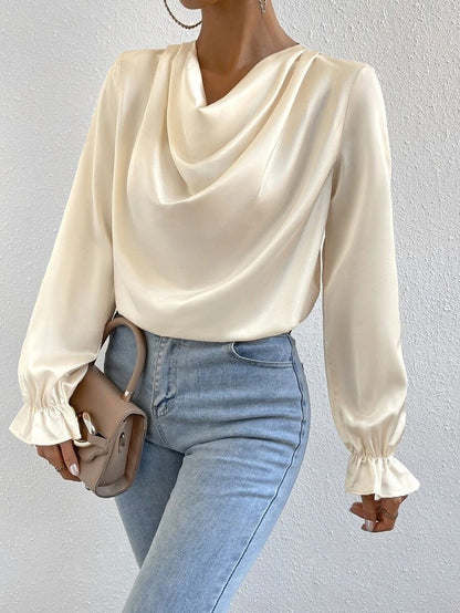 Women Clothing Ruffled Sleeve Satin Shirt Autumn Arrival Long Sleeve Satin Shirt