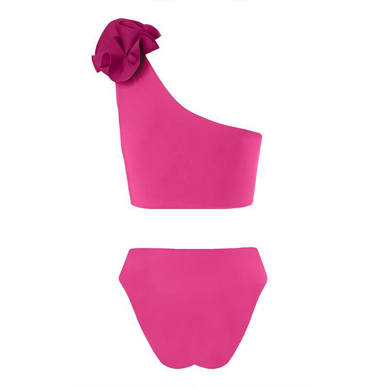 Solid Color Sexy One Shoulder Three Dimensional Floral Design Split Women Bikini Swimsuit