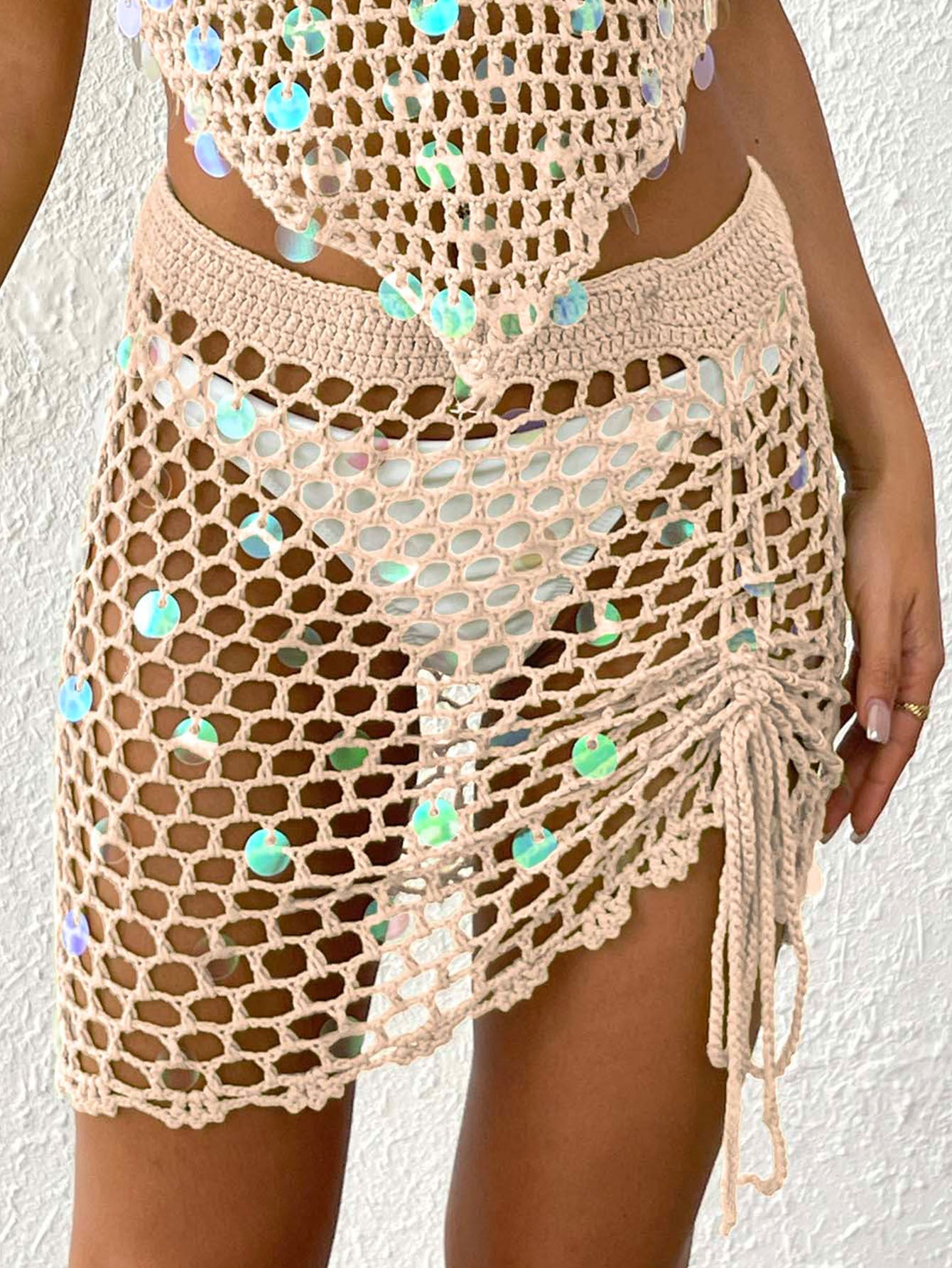 Women Vacation Beach Sequin Stitching Pure Hand Crocheting Irregular Asymmetric Drawstring Strap Tight Skirt Hollow Out Cutout Skirt