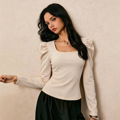 Women Clothing Square Collar Long Sleeved T shirt Women Pleated Waist Tight Slimming Elegant Bottoming Top