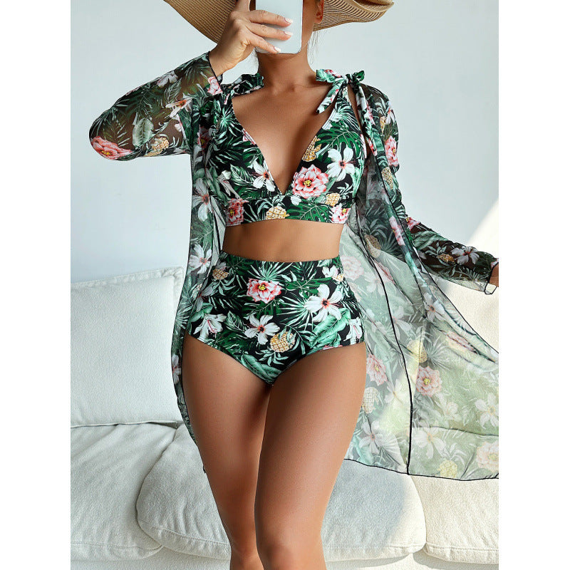 Swimwear Women Split Long Sleeved Blouse Sexy Print Bikini Swimsuit Three Piece Swimsuit