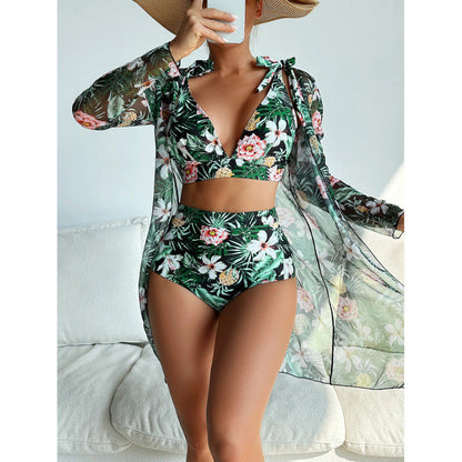 Swimwear Women Split Long Sleeved Blouse Sexy Print Bikini Swimsuit Three Piece Swimsuit
