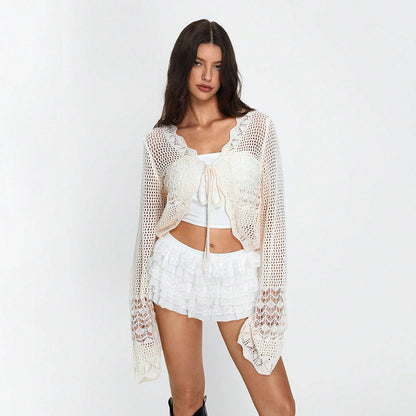 Blouse V neck Lace up Cropped Knitted Sweater Women Hollow Out Cutout Long Sleeved Sun Proof Cardigan Coat