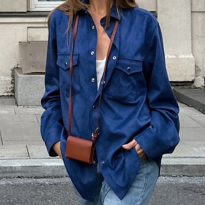 Klein Blue Loose Lapels Single Breasted Casual Outerwear Autumn Winter Cardigan Women