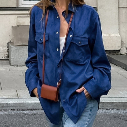 Klein Blue Loose Lapels Single Breasted Casual Outerwear Autumn Winter Cardigan Women