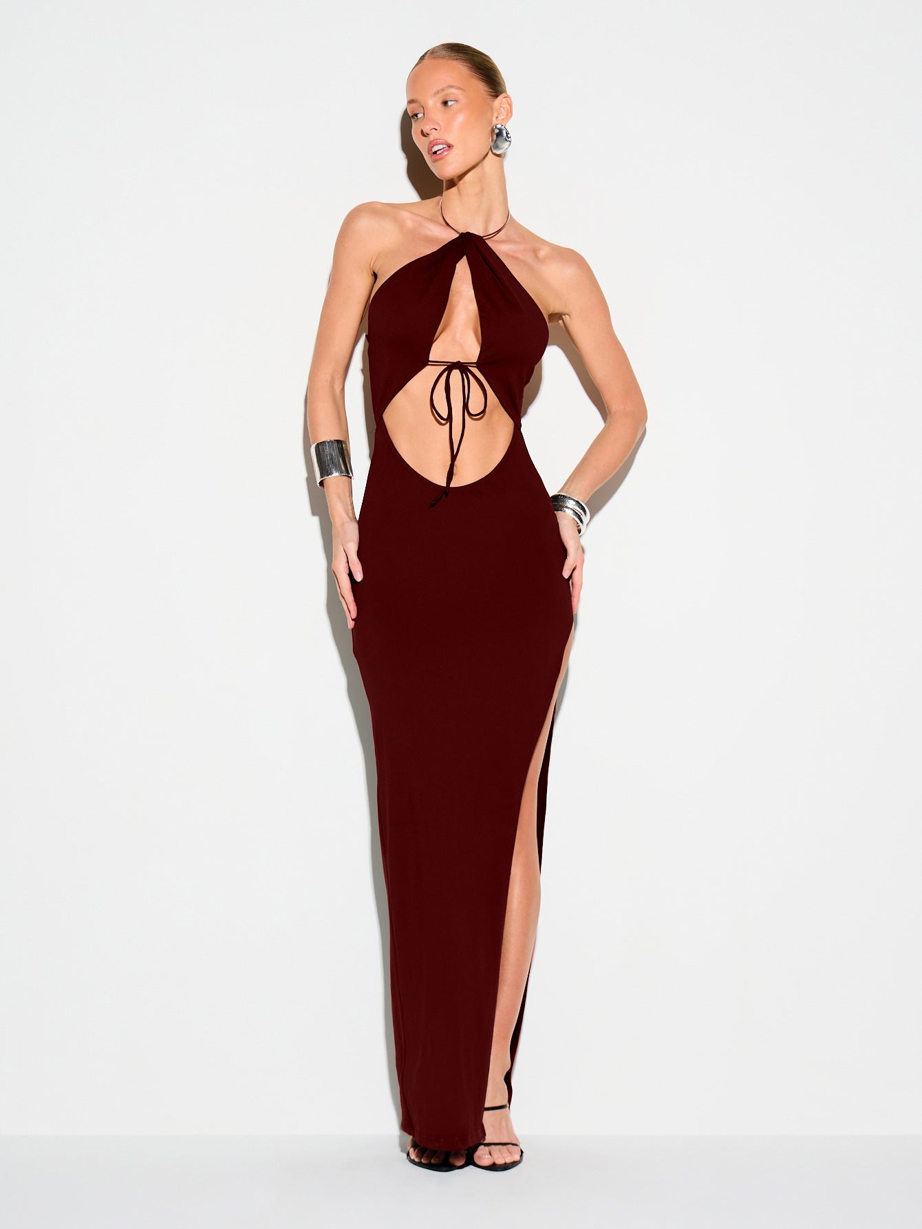 Summer Halter Off the Shoulder Cropped Backless Slim Fit High Slit Solid Color Sexy Evening Dress Cocktail Dress