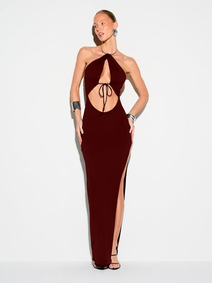 Summer Halter Off the Shoulder Cropped Backless Slim Fit High Slit Solid Color Sexy Evening Dress Cocktail Dress