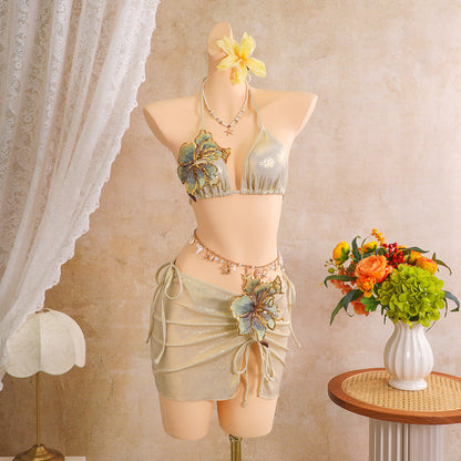 Sexy Bright Three Piece Sets Embroidered Floral Swimsuit Swimwear Bikini