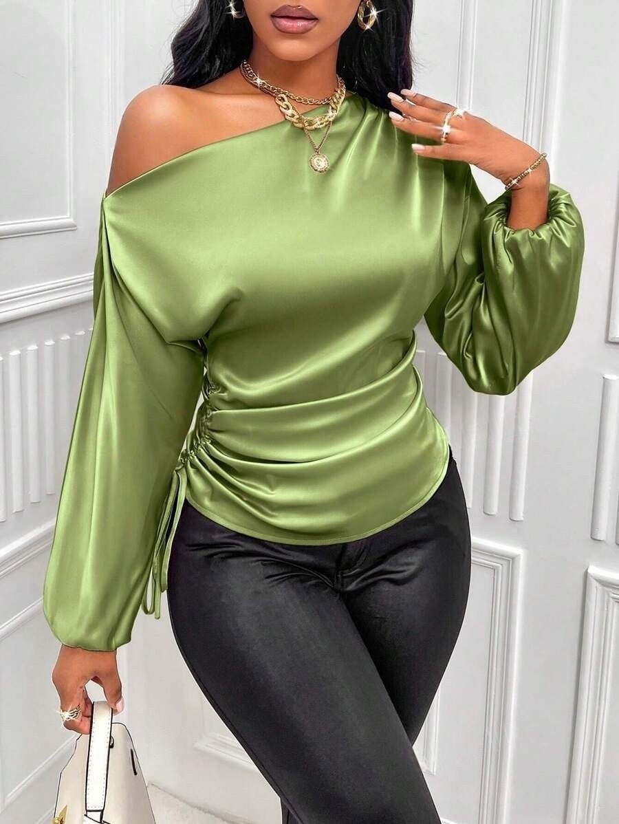 Women Clothes Satin Shirt Autumn Winter Asymmetric Long Sleeve Diagonal Collar Shirt Top