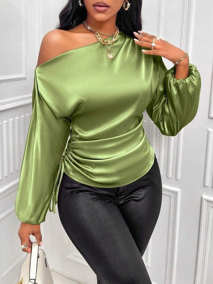 Women Clothes Satin Shirt Autumn Winter Asymmetric Long Sleeve Diagonal Collar Shirt Top