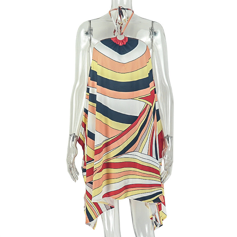 Daily Color Matching Women Halter Loose Backless A line Dress Sexy Cool Summer Dress
