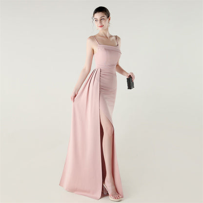 Camisole Tube Top Satin Pleated Fishtail High Slit Evening Dress Elegant Slim Dress for Dinner Ceremony
