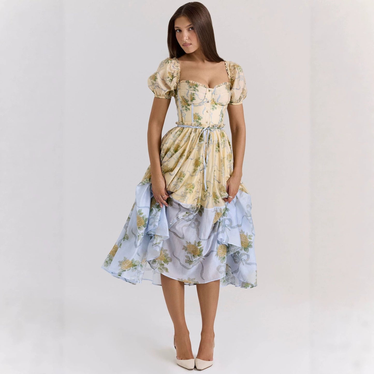 Bubble Sleeve Women Floral Floral Print Pleated Women Dress