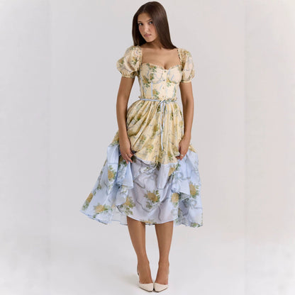 Bubble Sleeve Women Floral Floral Print Pleated Women Dress