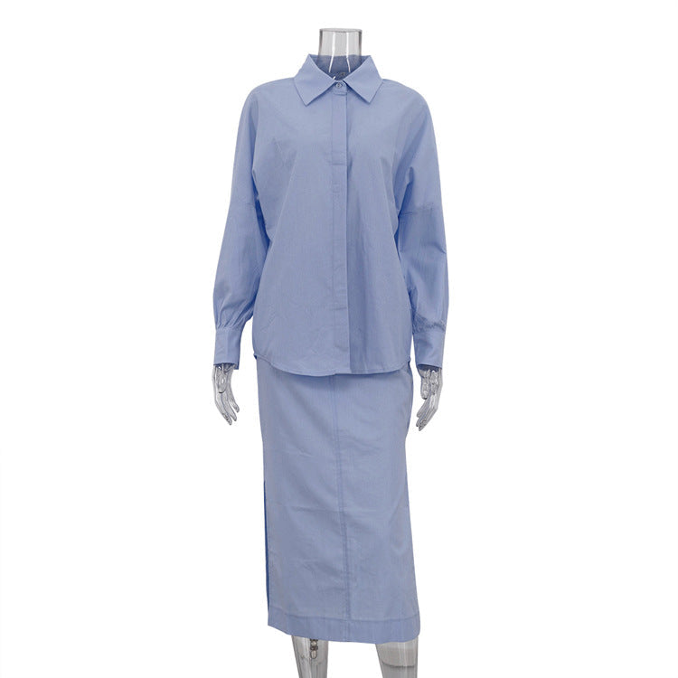 Women Cotton Split Skirt Office Collared Long Sleeve Cardigan Top Two Piece Set