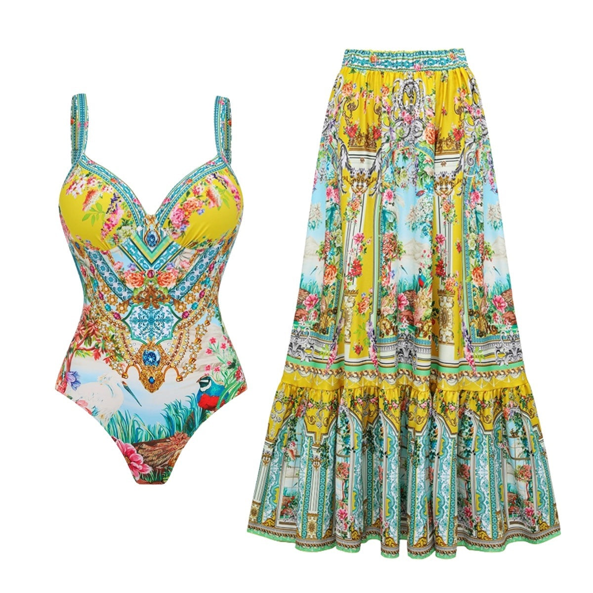Swimsuit Bright Yellow Garden Print Vacation Swimsuit Women Long Skirt