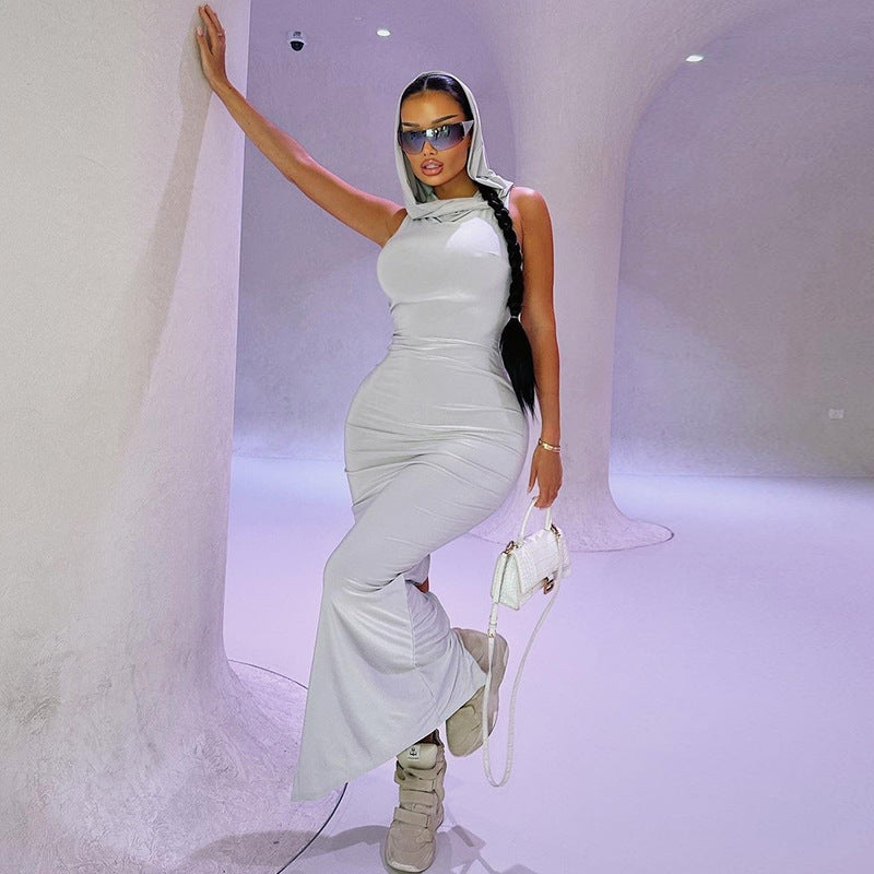Summer Women Clothing Solid Color Hooded Sleeveless Sheath Split Dress Women