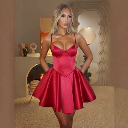 Summer Solid Color Silk Sexy Elegant Pure Chest Boning Corset Waist Strap Dress Women