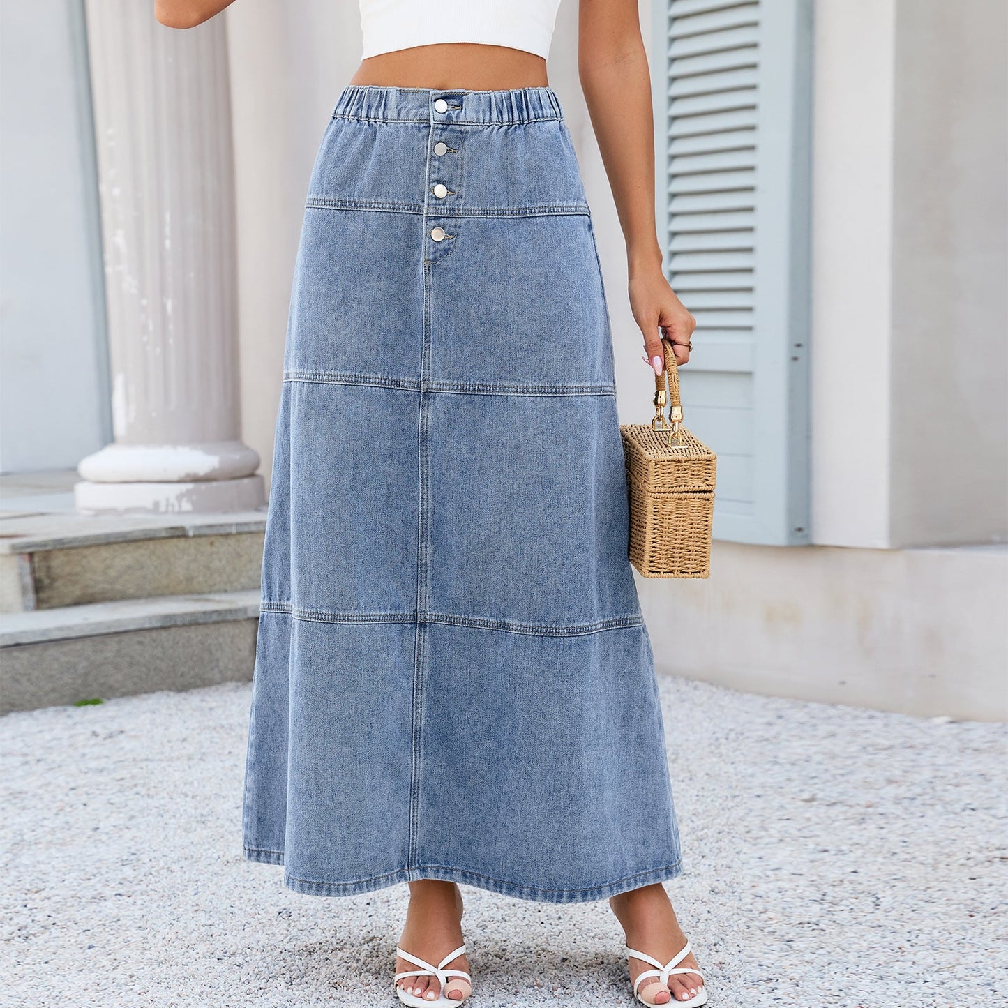 Elastic Waist Front Breasted Stitching Design All Matching Jeans Skirt Women