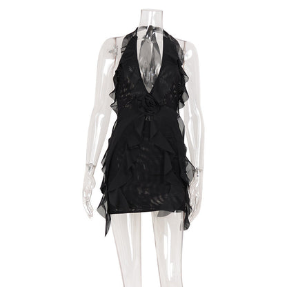 Minority Design Sexy Halter Sling Backless Dress Women Ruffled Irregular Asymmetric Vacation Sexy Short Dress
